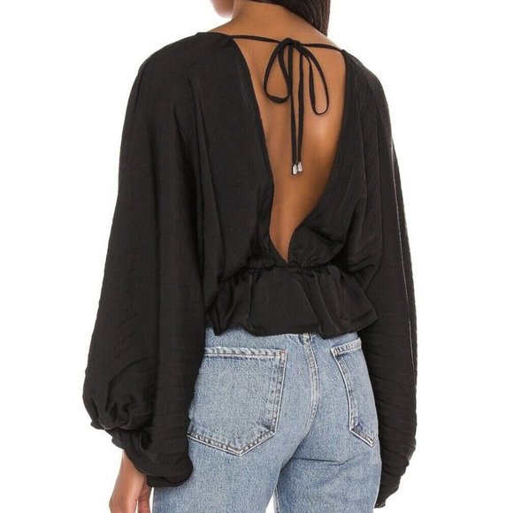 Free People Elouise Black Satin Long Sleeve Blouse Oversized Boho V-Neck Top XS - Picture 8 of 13
